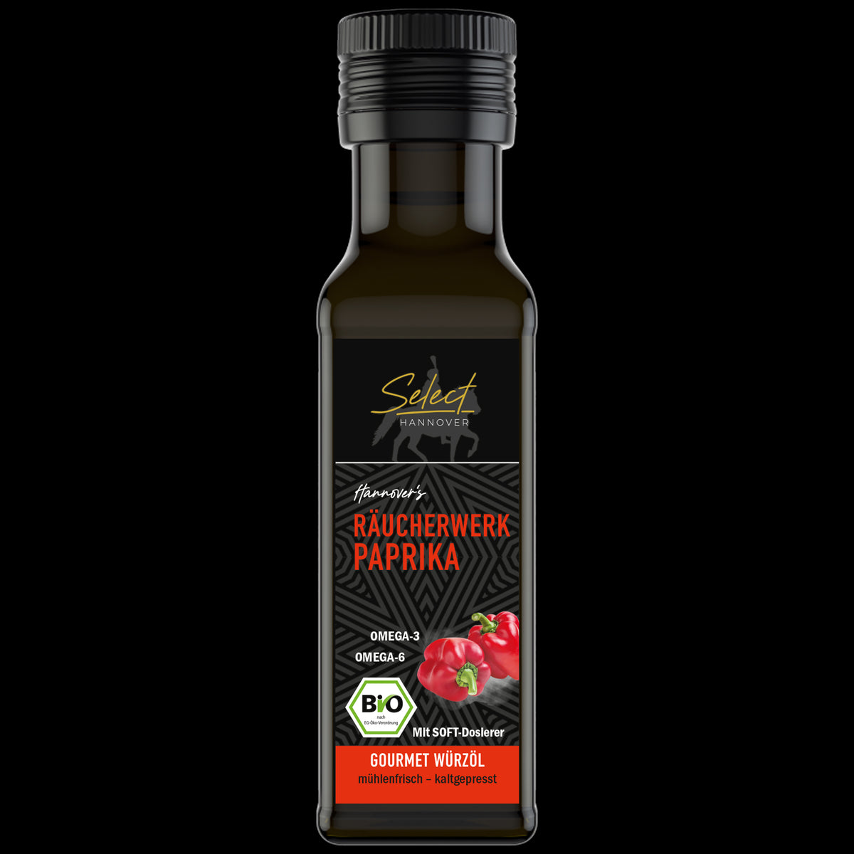 SELECT Hannover Räucherwerk Paprika Würzöl in der dunklen Glasflasche, rote Paprikaschoten auf dem Etikett, 100 ml