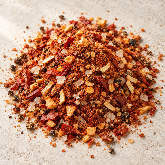 Grobkörnige rote Chili-Rub-Mischung Hot City auf hellem Stein, Chiliflocken und Salzkristalle erkennbar – KI-generiert