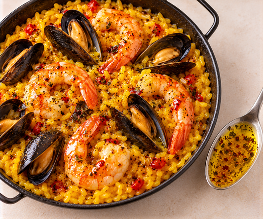 Safran-Paella mit Meeresfrüchten, beträufelt mit Mediterrane Brise Würzöl – KI-generierter Serviervorschlag
