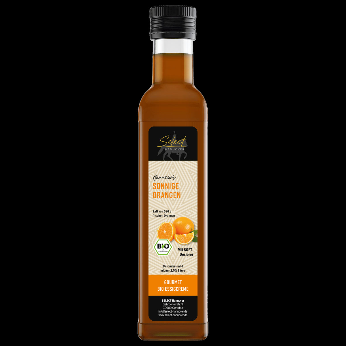 SELECT Hannover Sonnige Orangen Essigcreme in der Glasflasche, bernsteinfarbener Inhalt sichtbar, 250 ml