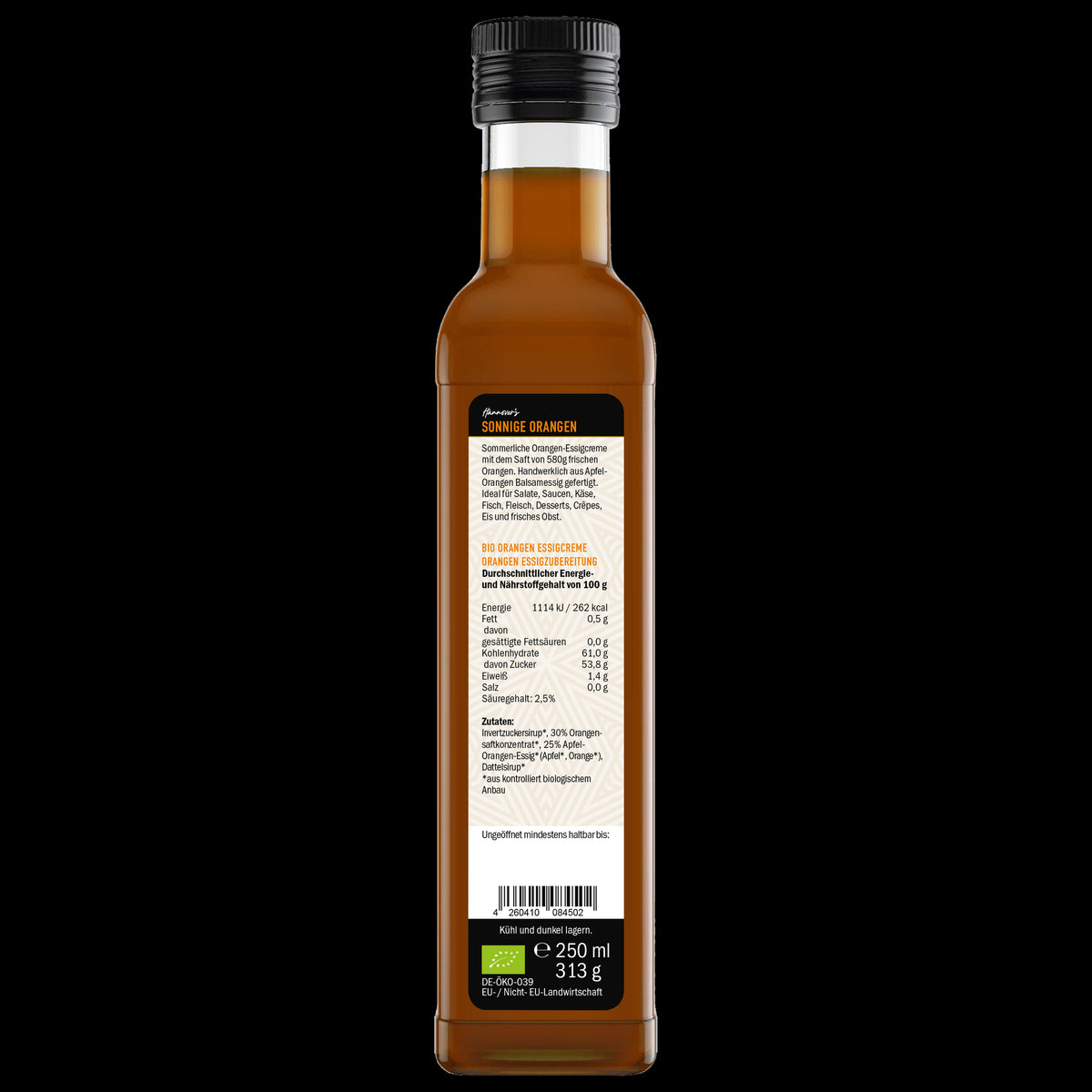 SELECT Hannover Sonnige Orangen Essigcreme, Rückseite der Flasche mit Etikett
