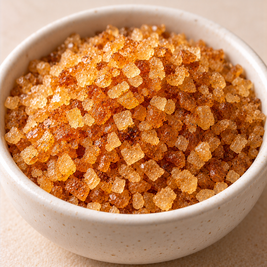 Grobe bernsteinfarbene Rohrzuckerkristalle Sweet & Smokey im Keramikschälchen – KI-generiert
