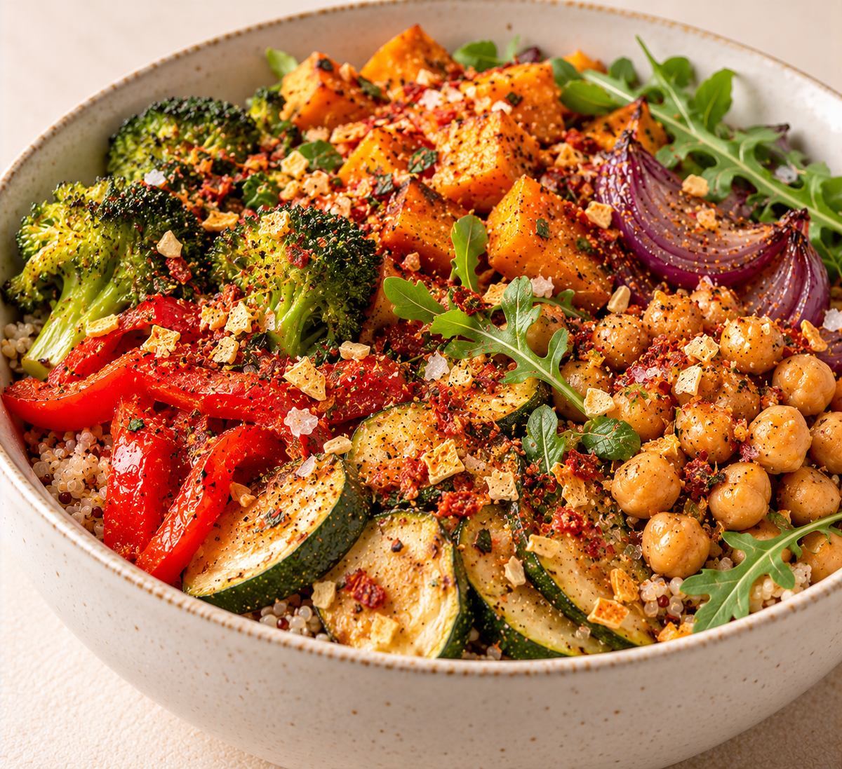 Gemüse-Quinoa-Bowl, gewürzt mit Allzeit Gourmet-Gewürzallrounder – KI-generierter Serviervorschlag