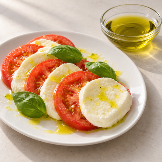 Caprese mit Tomaten, Mozzarella und Basilikum, beträufelt mit Basilikum-Elixier Würzöl – KI-generierter Serviervorschlag