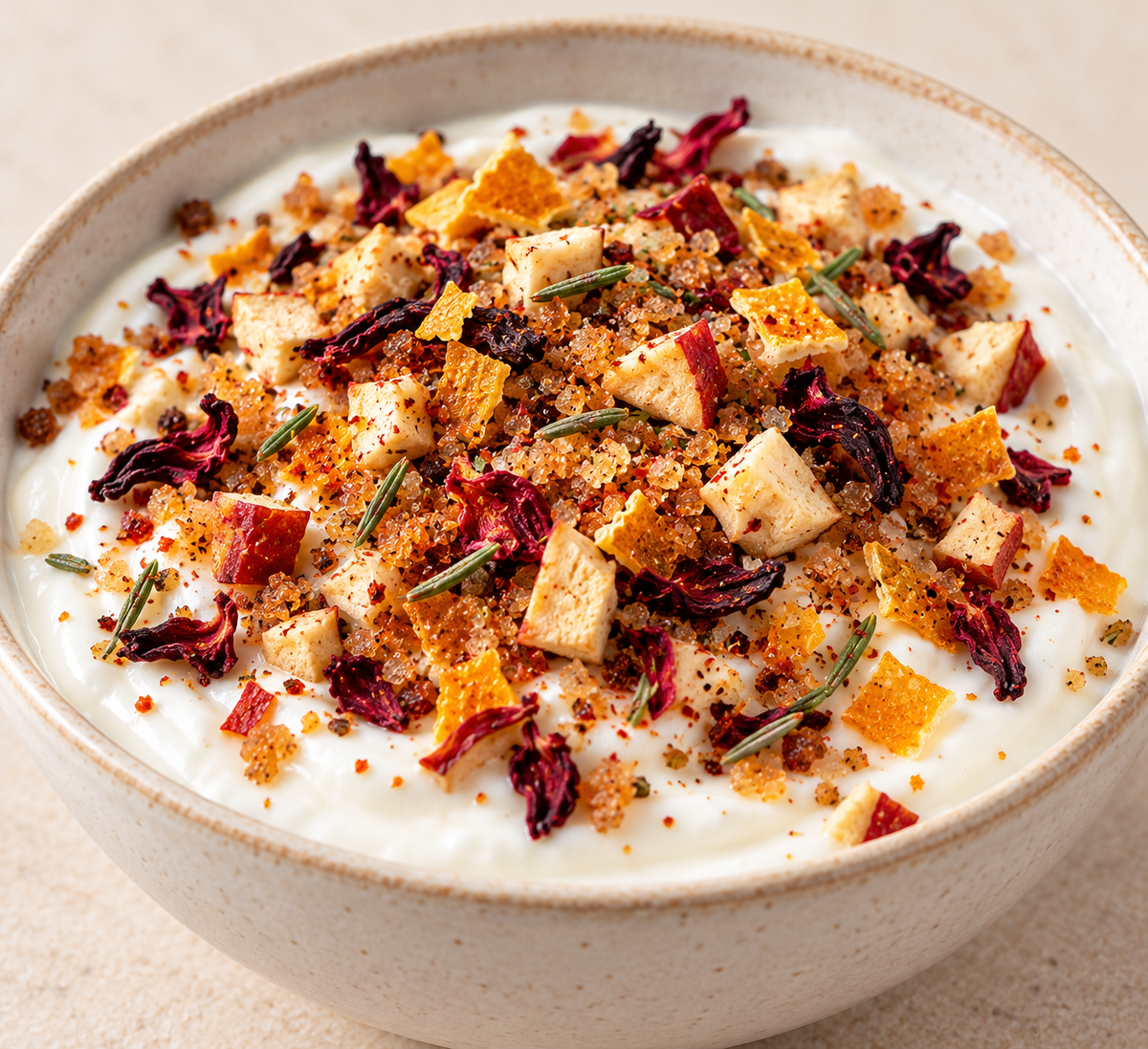 Schale Naturjoghurt mit buntem Topping aus Bio Jooghurt Toppinggewürz – KI-generierter Serviervorschlag