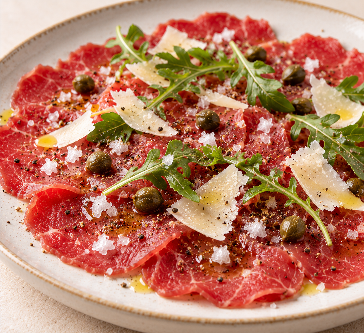 Rindercarpaccio mit Rucola und Parmesan, darauf Flocken Feines Bio Fleur de Sel – KI-generierter Serviervorschlag