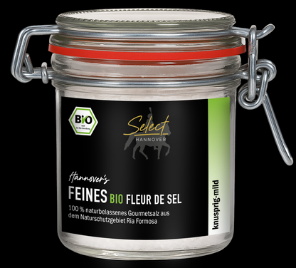 SELECT Hannover Feines Bio Fleur de Sel im Bügelglas, weiße Salzblüten sichtbar, 100 g