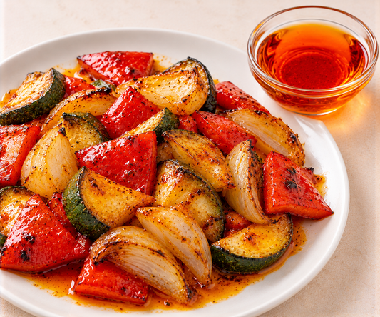 Geröstetes Ofengemüse mit Dressing aus Räucherwerk Paprika Würzöl – KI-generierter Serviervorschlag