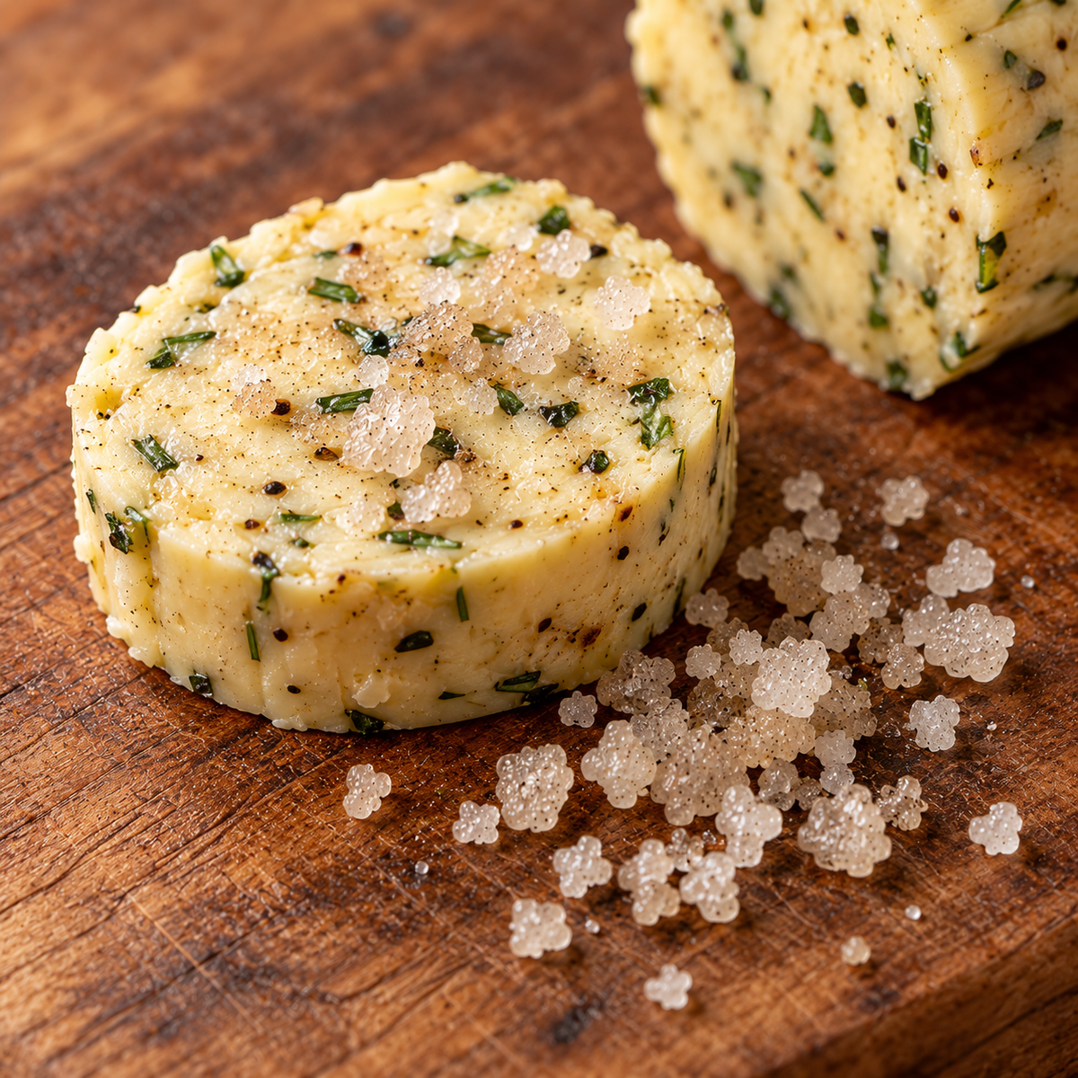 Scheibe Kräuterbutter auf einem Holzbrett, daneben grobe Kristalle BBQ Olivenholz-Rauchsalz – KI-generierter Serviervorschlag