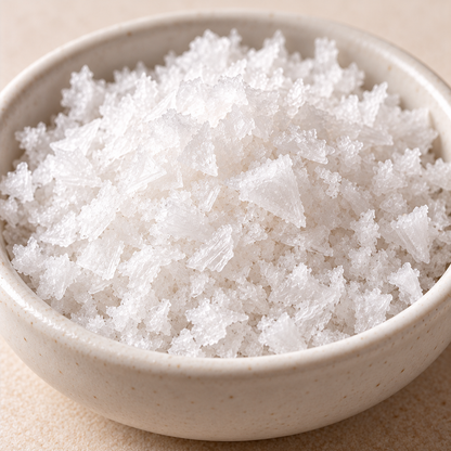 Weiße Salzflocken des Feinen Bio Fleur de Sel im Keramikschälchen, Makroaufnahme – KI-generiert