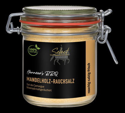 SELECT Hannover BBQ Mandelholz-Rauchsalz im Bügelglas, helles Meersalz sichtbar, 160 g