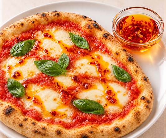 Pizza Margherita von oben, beträufelt mit Feurige Chili Würzöl – KI-generierter Serviervorschlag