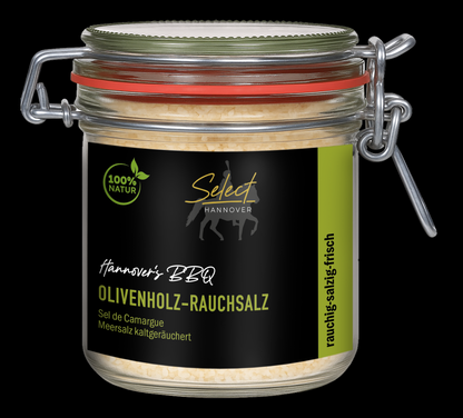 SELECT Hannover BBQ Olivenholz-Rauchsalz im Bügelglas, helles Meersalz sichtbar, 160 g