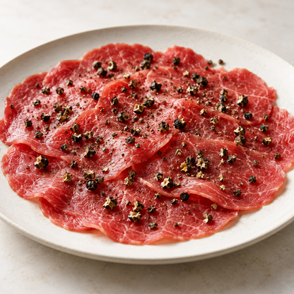 Rindercarpaccio auf hellem Teller mit grob zerstoßenem Whiskey Pfeffer – KI-generierter Serviervorschlag