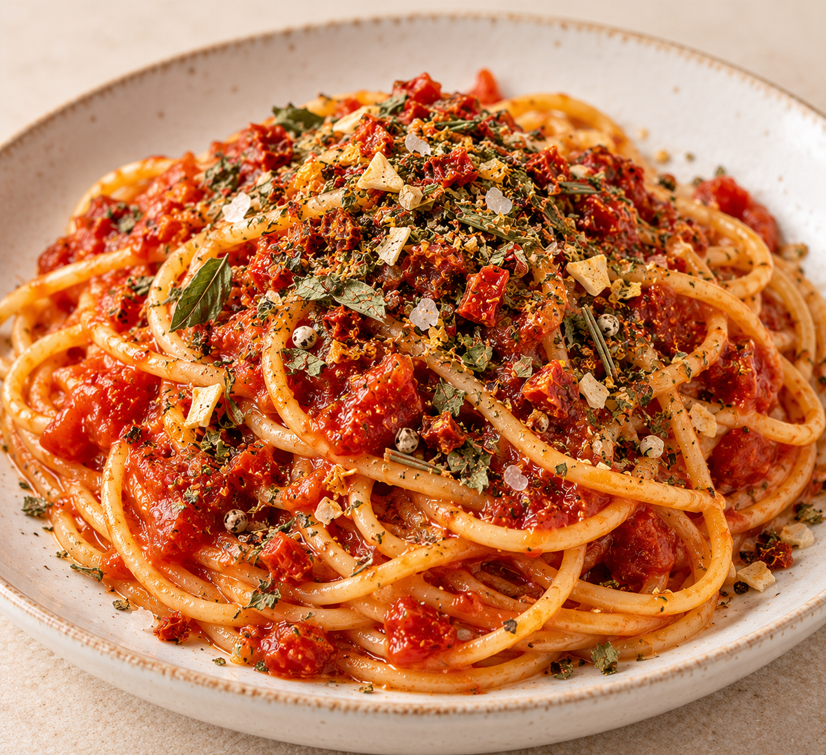 Teller Spaghetti mit Tomatensauce, darüber Mamma Mia Pizza- und Pastagewürz gestreut – KI-generierter Serviervorschlag