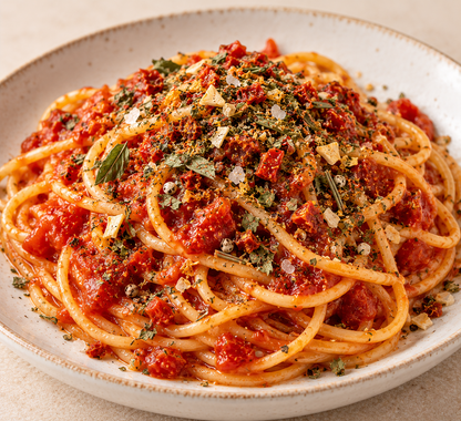 Teller Spaghetti mit Tomatensauce, darüber Mamma Mia Pizza- und Pastagewürz gestreut – KI-generierter Serviervorschlag