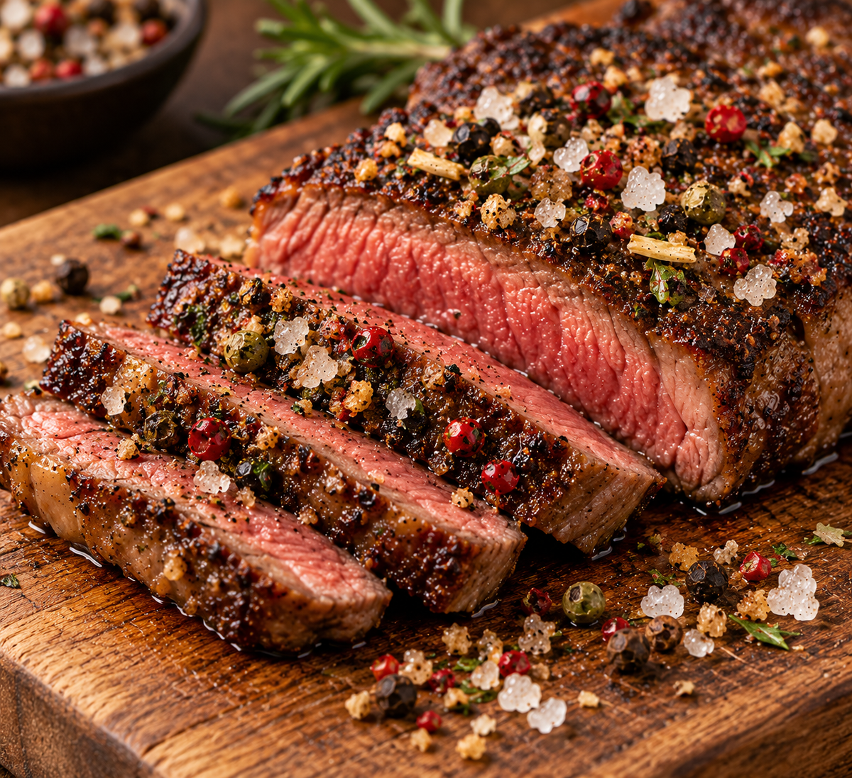 Angeschnittenes Rindersteak mit grober Pfeffer-Kräuter-Kruste aus Steak Booster – KI-generierter Serviervorschlag