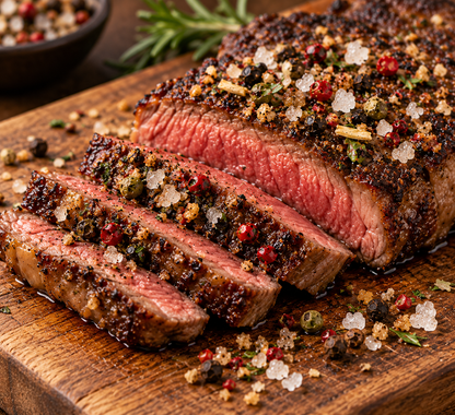 Angeschnittenes Rindersteak mit grober Pfeffer-Kräuter-Kruste aus Steak Booster – KI-generierter Serviervorschlag