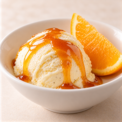 Kugel Vanilleeis mit Sonnige Orangen Essigcreme und einer Orangenspalte – KI-generierter Serviervorschlag