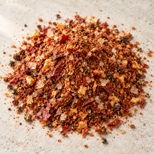 Grobe rostrot-braune BBQ-Rub-Mischung 3 Smokers auf hellem Stein, Paprikaflocken und Salzkristalle erkennbar – KI-generiert