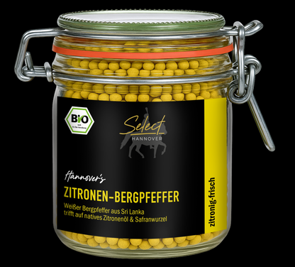 SELECT Hannover Zitronen-Bergpfeffer im Bügelglas, weiße Pfefferkörner sichtbar, 70 g
